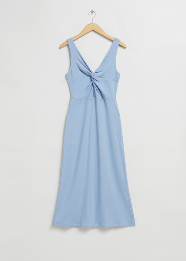 & Other Stories Ribbed Twist-front Midi Dress Light Blue Ribbed