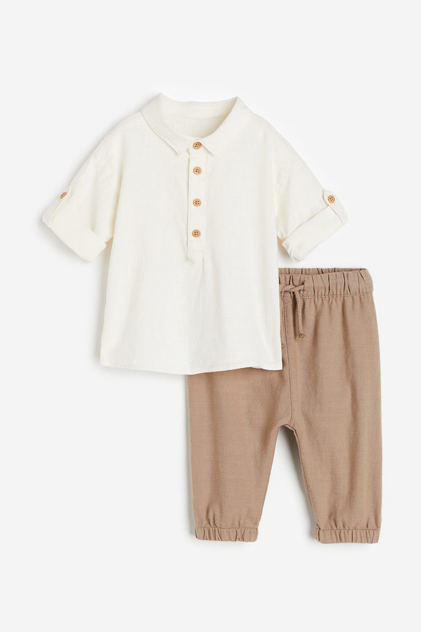 H&M 2-teiliges Set mit Hemd und Joggpants Weiß/Beige