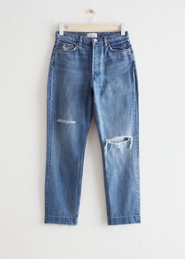& Other Stories Mid Waist Tapered Jeans Distressed Blue
