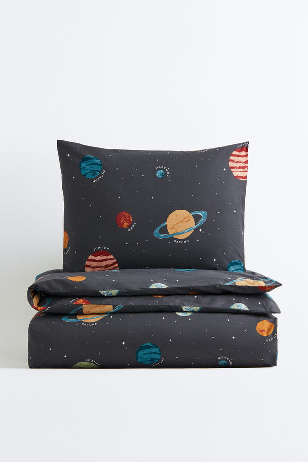 H&M HOME Patterned Single Duvet Cover Set Dark Grey/planets