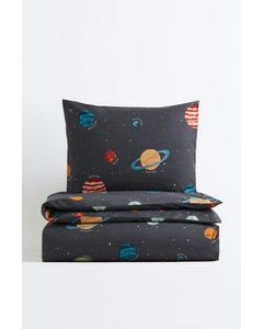 Patterned Single Duvet Cover Set Dark Grey/planets