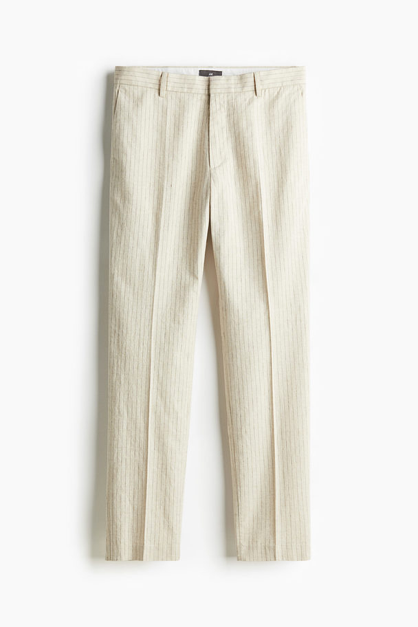 H&M Slim Fit Tailored Linen-blend Trousers Beige/pinstriped
