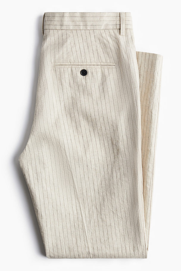 H&M Slim Fit Tailored Linen-blend Trousers Beige/pinstriped