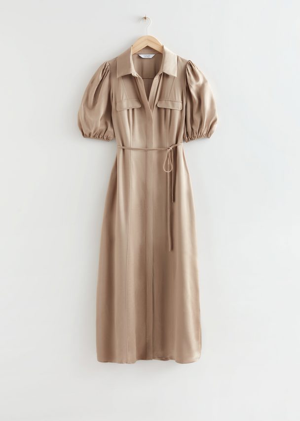 & Other Stories Belted Puff Sleeve Midi Dress Beige