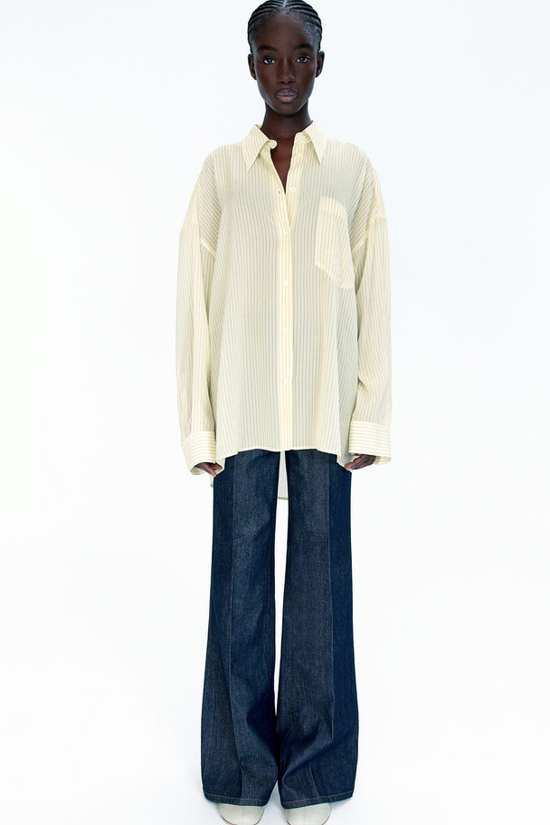 H&M Oversized Silk-blend Shirt Light Yellow/pinstriped