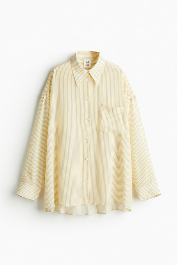 H&M Oversized Silk-blend Shirt Light Yellow/pinstriped