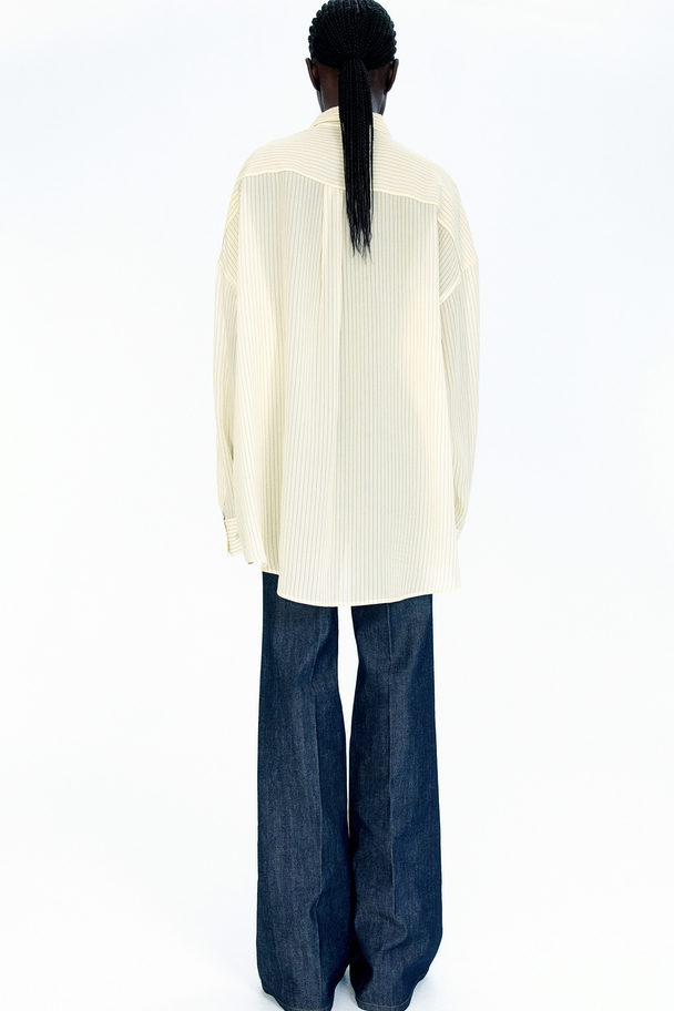 H&M Oversized Silk-blend Shirt Light Yellow/pinstriped