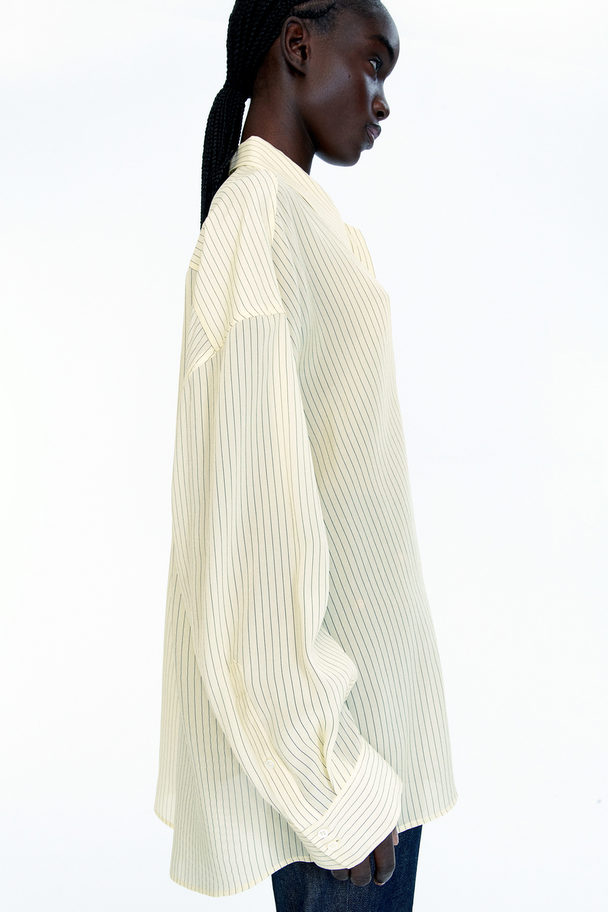 H&M Oversized Silk-blend Shirt Light Yellow/pinstriped