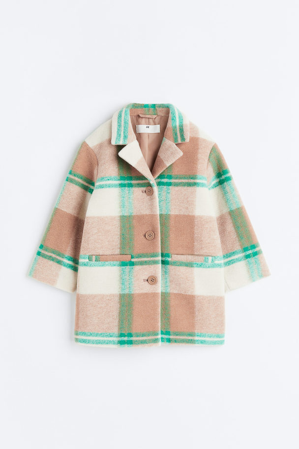 H&M Felted Coat Beige/green Checked