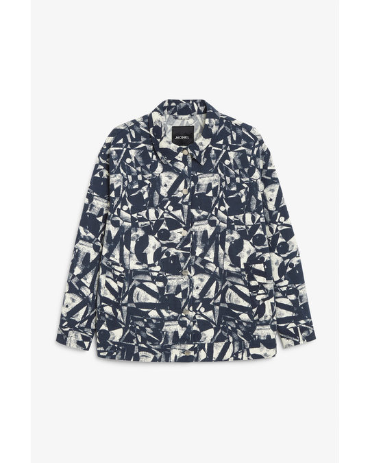 Monki Soft Cotton Jacket With All-over Print Dark Blue & Beige Print