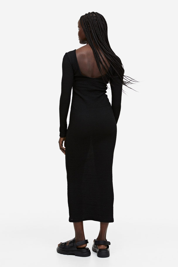 H&M Textured-knit Tie-detail Dress Black