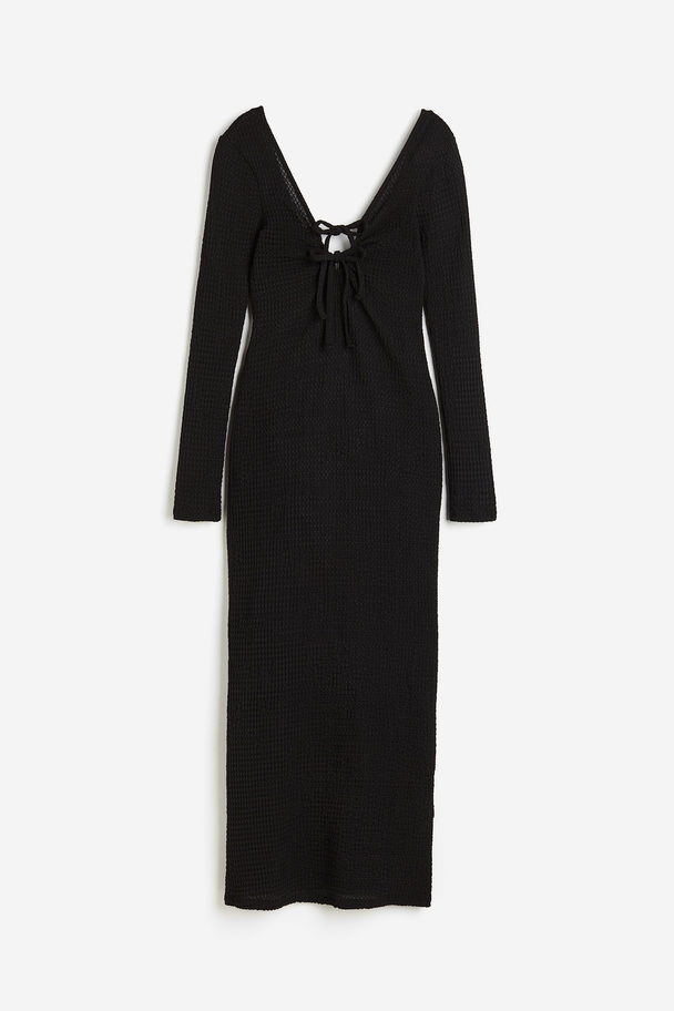 H&M Textured-knit Tie-detail Dress Black