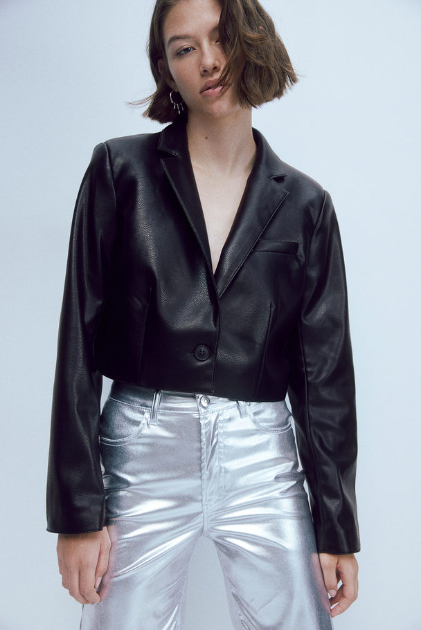 H&M Cropped Blazer Met Coating Zwart