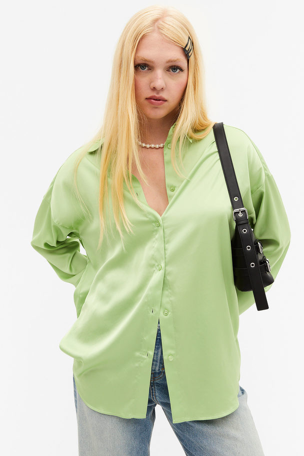 Monki Oversized Satin Shirt Light Green