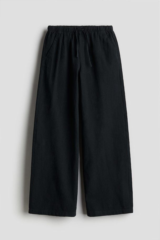 H&M Wide Linen-blend Pull-on Trousers Black