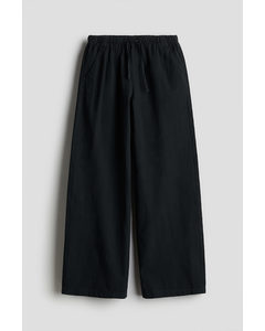 Wide Linen-blend Pull-on Trousers Black