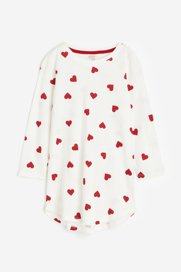 H&M Long-sleeved Printed Nightdress White/hearts