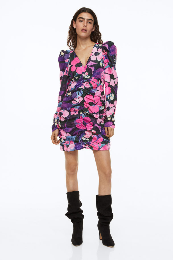 H&M Gathered Puff-sleeved Dress Pink/floral