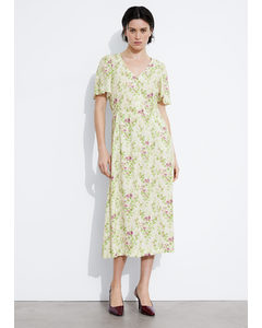 Midi-jurk Met Vlindermouwen Geel/groene Bloemen