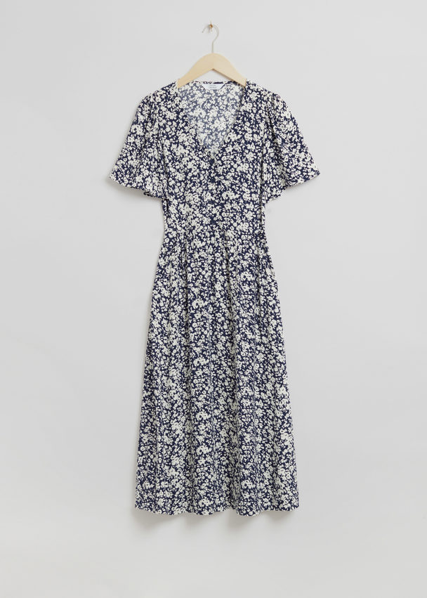 & Other Stories Midi-jurk Met Vlindermouwen Marineblauw/witte Bloemen