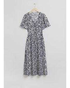 Midi-jurk Met Vlindermouwen Marineblauw/witte Bloemen