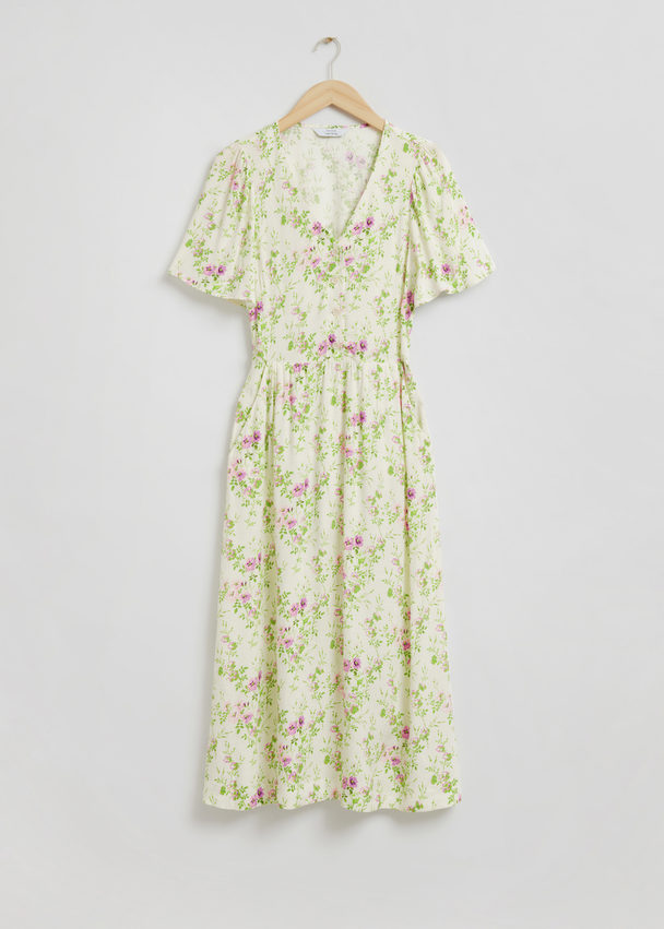 & Other Stories Midi-jurk Met Vlindermouwen Geel/groene Bloemen