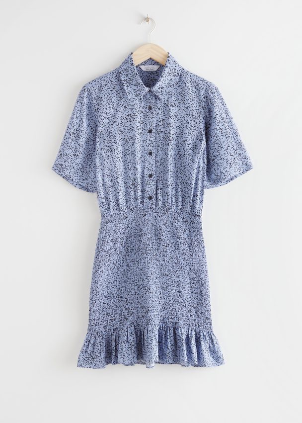 & Other Stories Smocked Mini Shirt Dress Blue Print