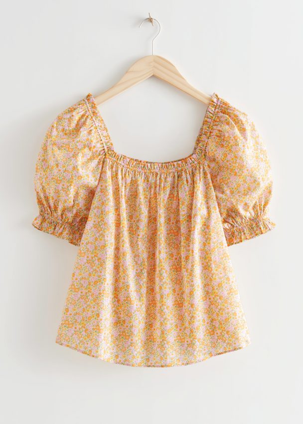 & Other Stories Frilled Puff Sleeve Blouse Orange Florals