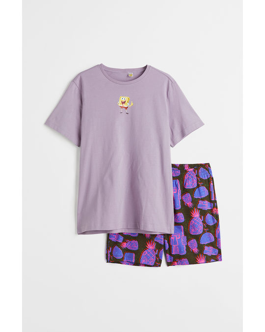 H&M Pyjama T-shirt And Shorts Purple/spongebob Squarepants