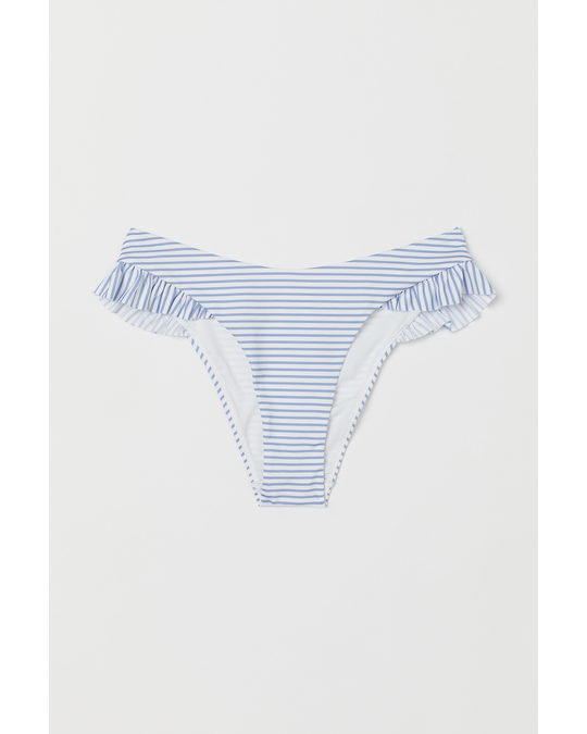 H&M Flounce-trimmed Bikini Bottoms Light Blue/white Striped