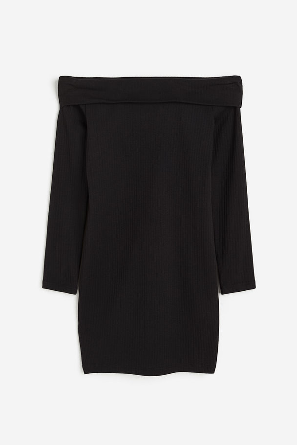 H&M Ribbet Off Shoulder-kjole Sort