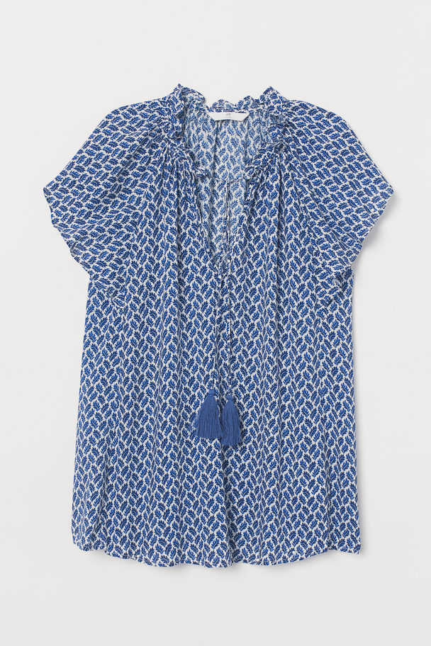 H&M Bluse mit V-Ausschnitt Weiß/Blau gemustert
