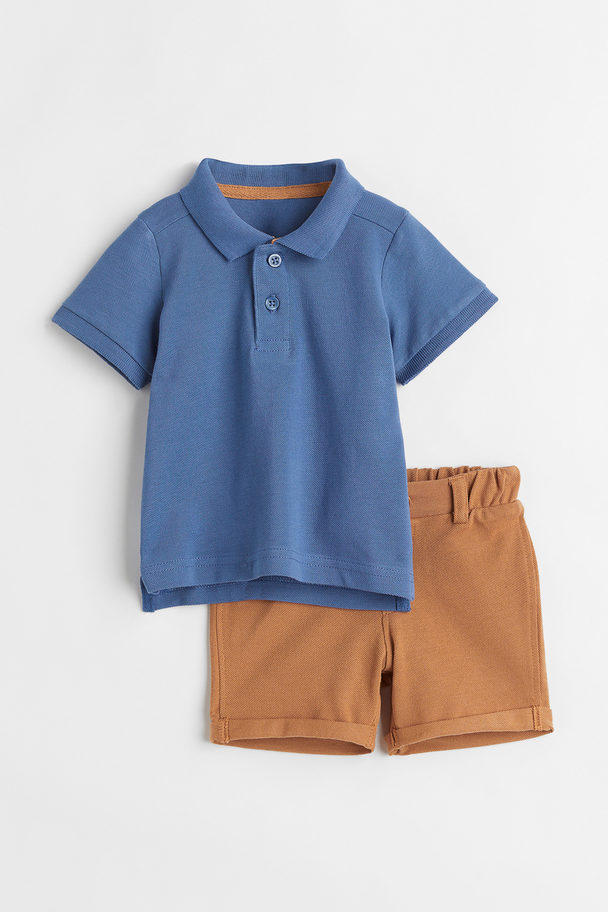 H&M Polo Shirt And Shorts Blue/light Brown