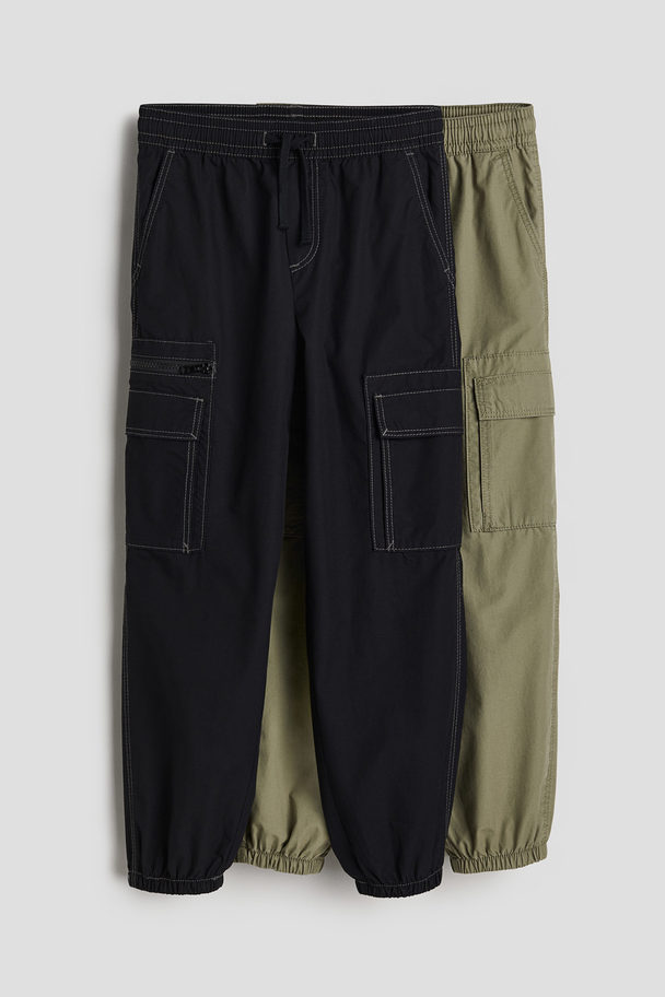 H&M 2-pack Loose Fit Cargo Trousers Black/khaki Green