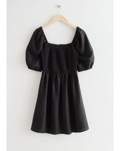 Linen Puff Sleeve Mini Dress Black