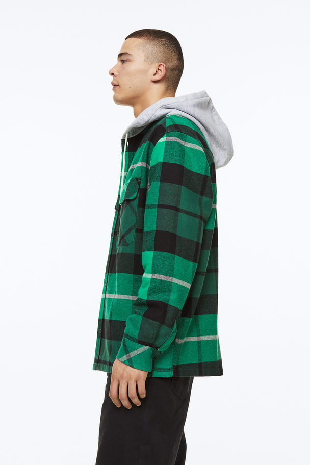 H&M Hooded Overshirt Green/black Checked