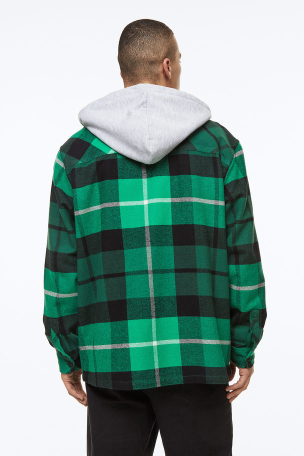 H&M Hooded Overshirt Green/black Checked