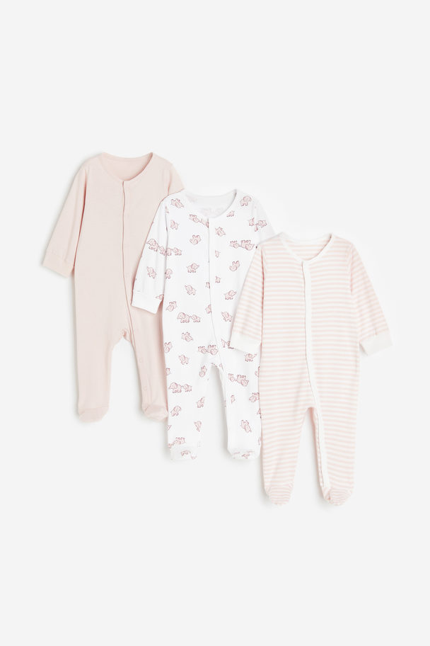 H&M 3-pack Cotton Sleepsuits Light Pink/elephants