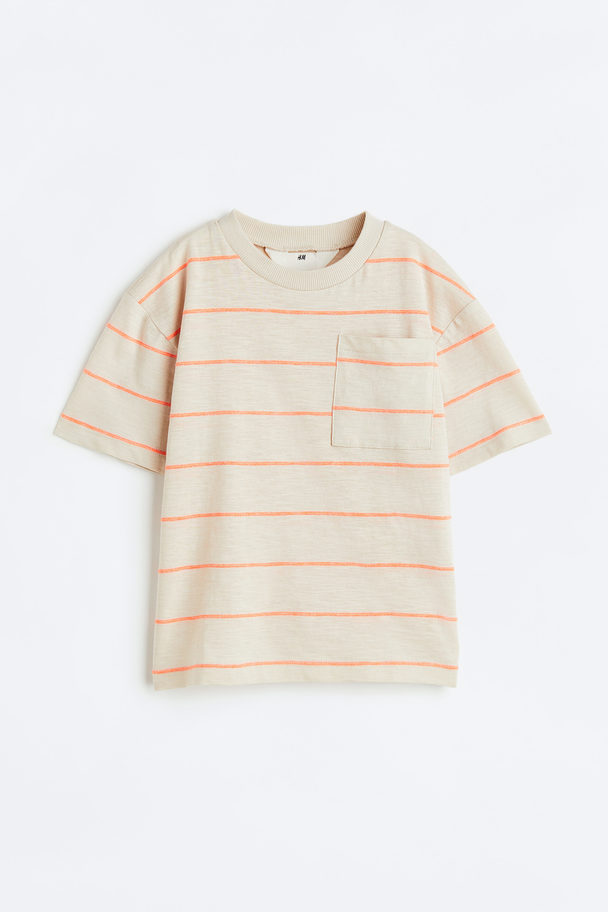 H&M Oversized Tricot T-shirt Lichtbeige/oranje