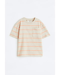 Oversized Tricot T-shirt Lichtbeige/oranje