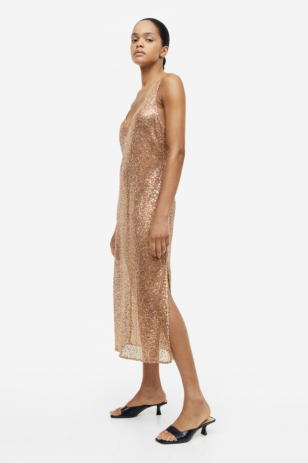 H&M Bodycon-Kleid mit V-Ausschnitt Beige/Pailletten