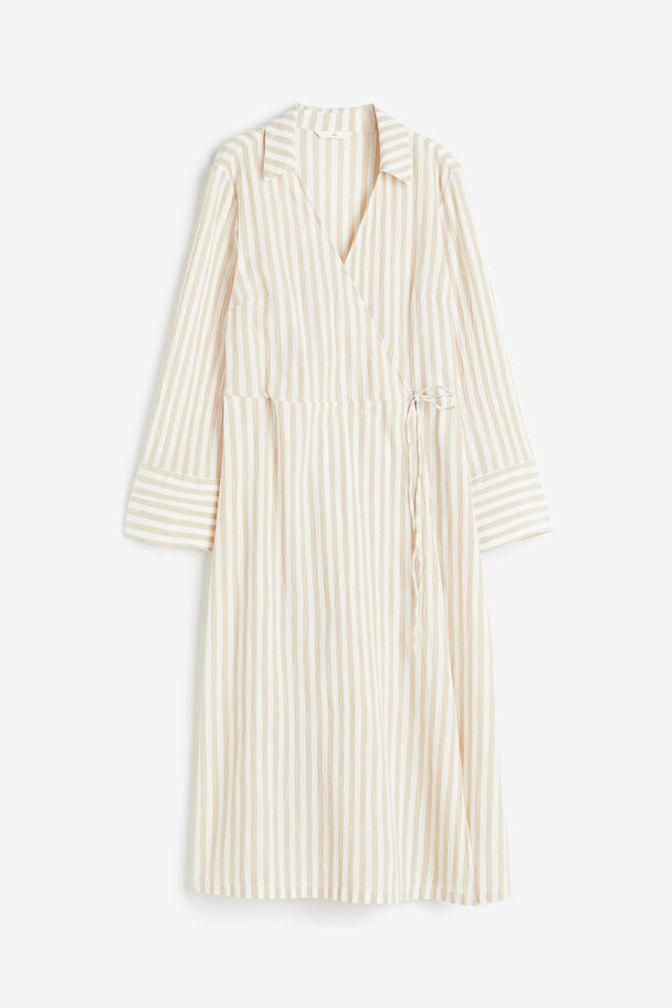 H&M Wrapover Shirt Dress Beige/striped