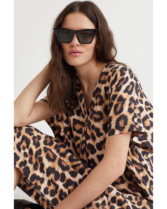 H&M V-neck Kaftan Dress Beige/leopard Print