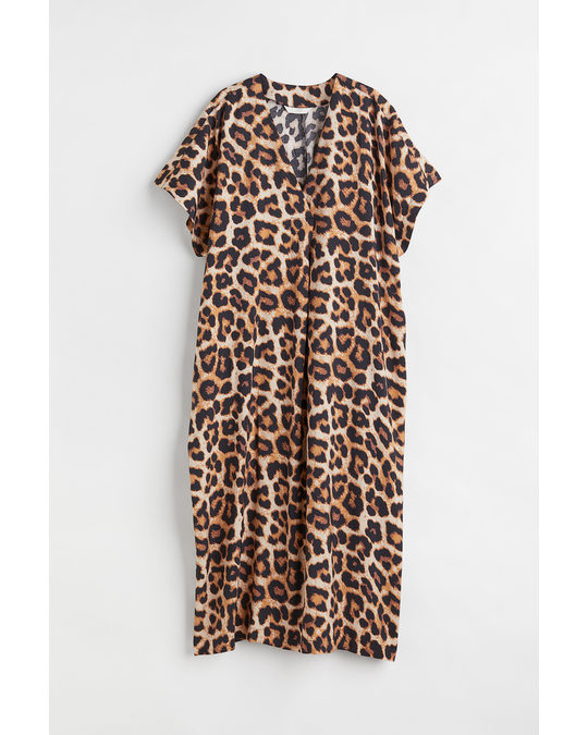 H&M V-neck Kaftan Dress Beige/leopard Print
