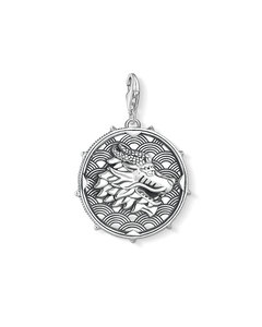 Charm Pendant Disc Dragon & Tiger 925 Sterling Silver, Blackened
