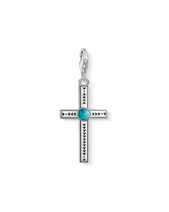 Charm Pendant Ethnic Cross Turquoise 925 Sterling Silver, Blackened