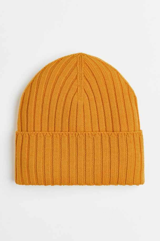H&M Rib-knit Wool Hat Dark Yellow