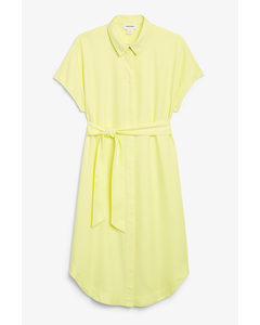 Belted Hidden Button Shirt Dress Pastel Yellow
