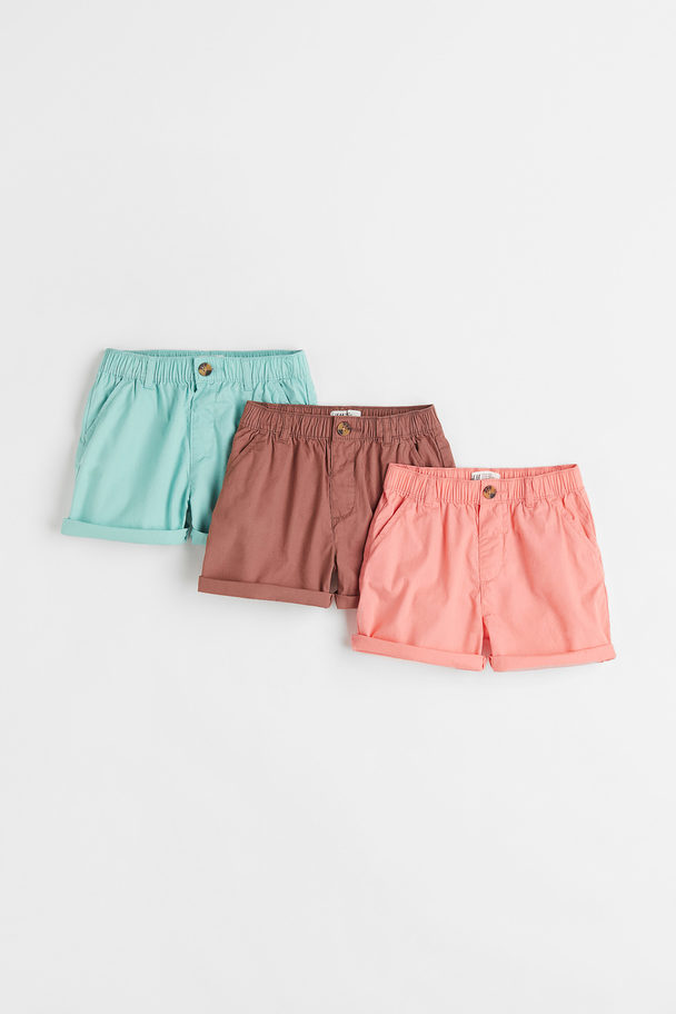 H&M 3-pack Cotton Poplin Shorts Turquoise/coral/brown
