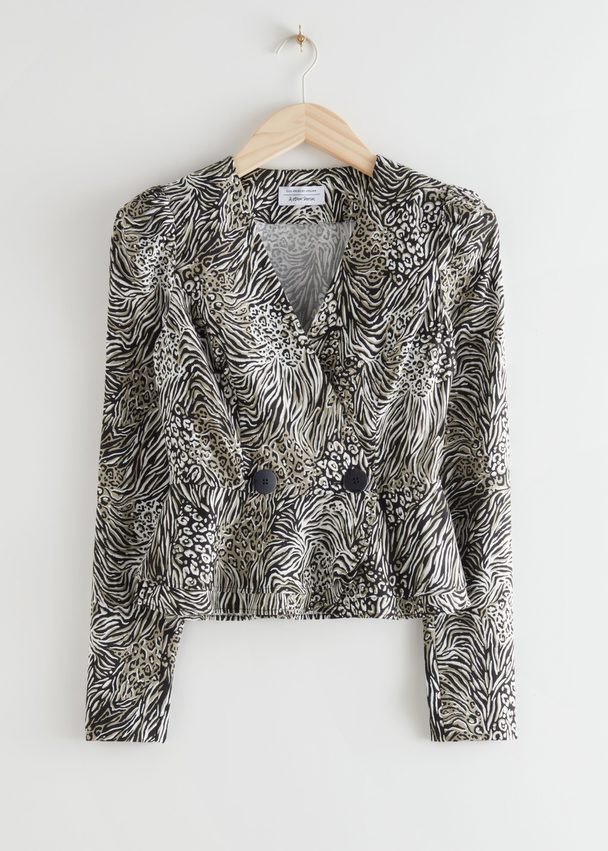 & Other Stories Buttoned Peplum Wrap Blouse Animal Print